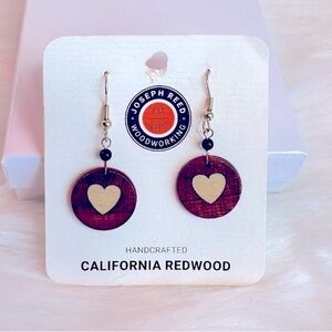 NWT Handcrafted California Redwood Heart-Shaped Dangle Drop Earrings